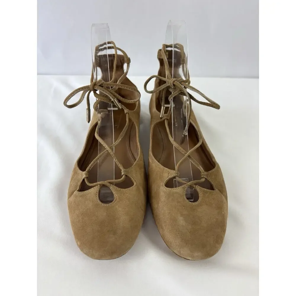 Aquazzura Firenze Dancer Lace Up Ballet Flats Camel Brown Tan Suede 38 7.5